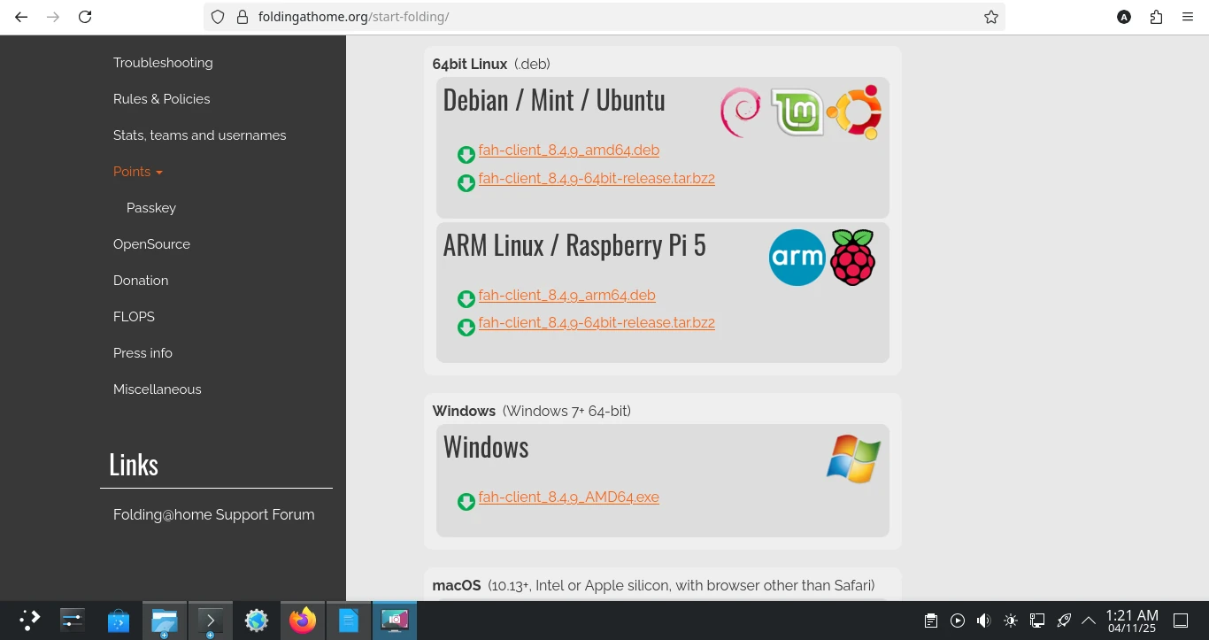 Screenshot of the Folding@home download page for various operating systems