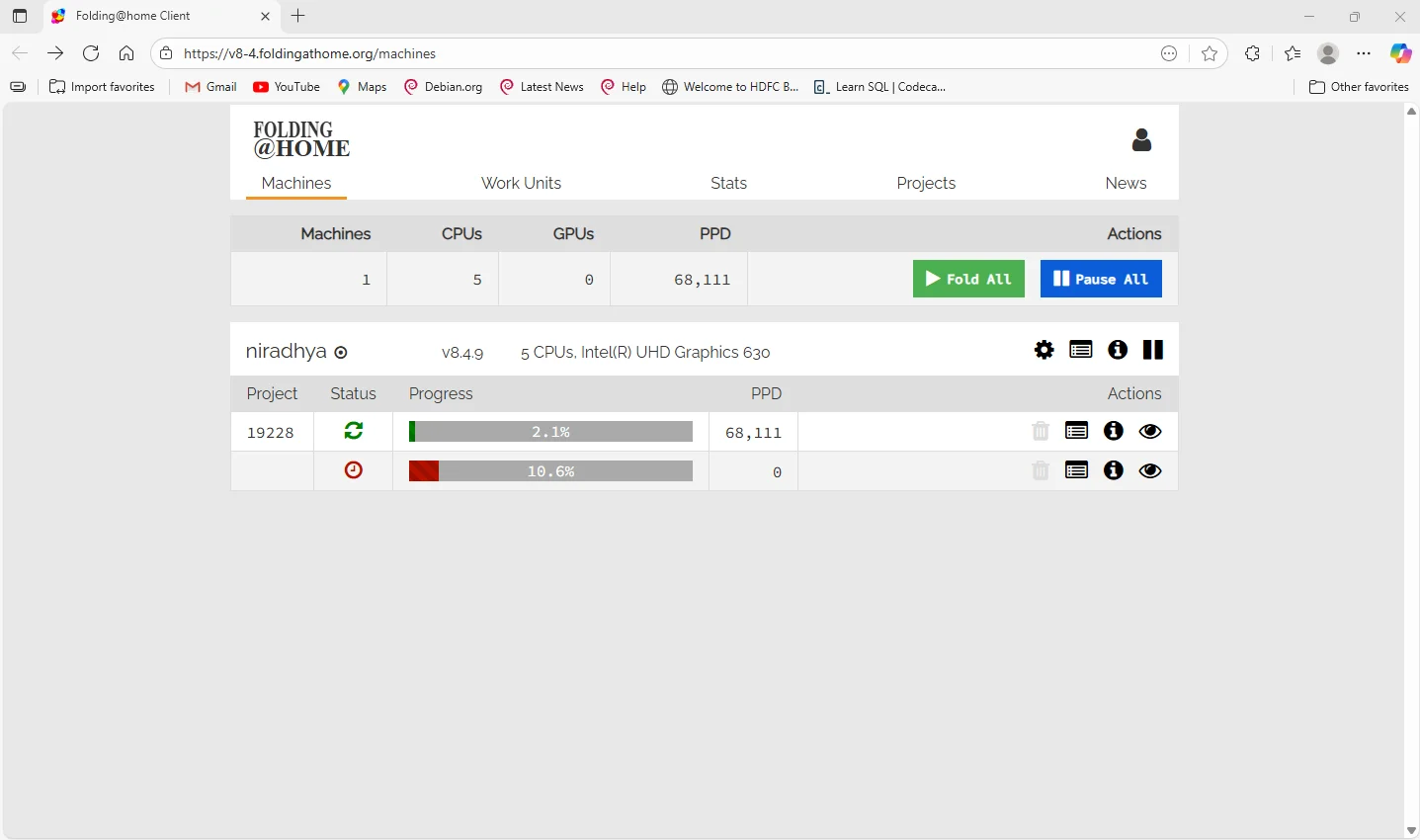 Screenshot of the Folding@home web client dashboard